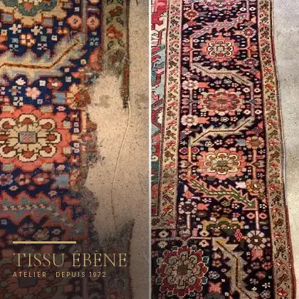 Zone de laine mangée par les mites sur un tapis ancien