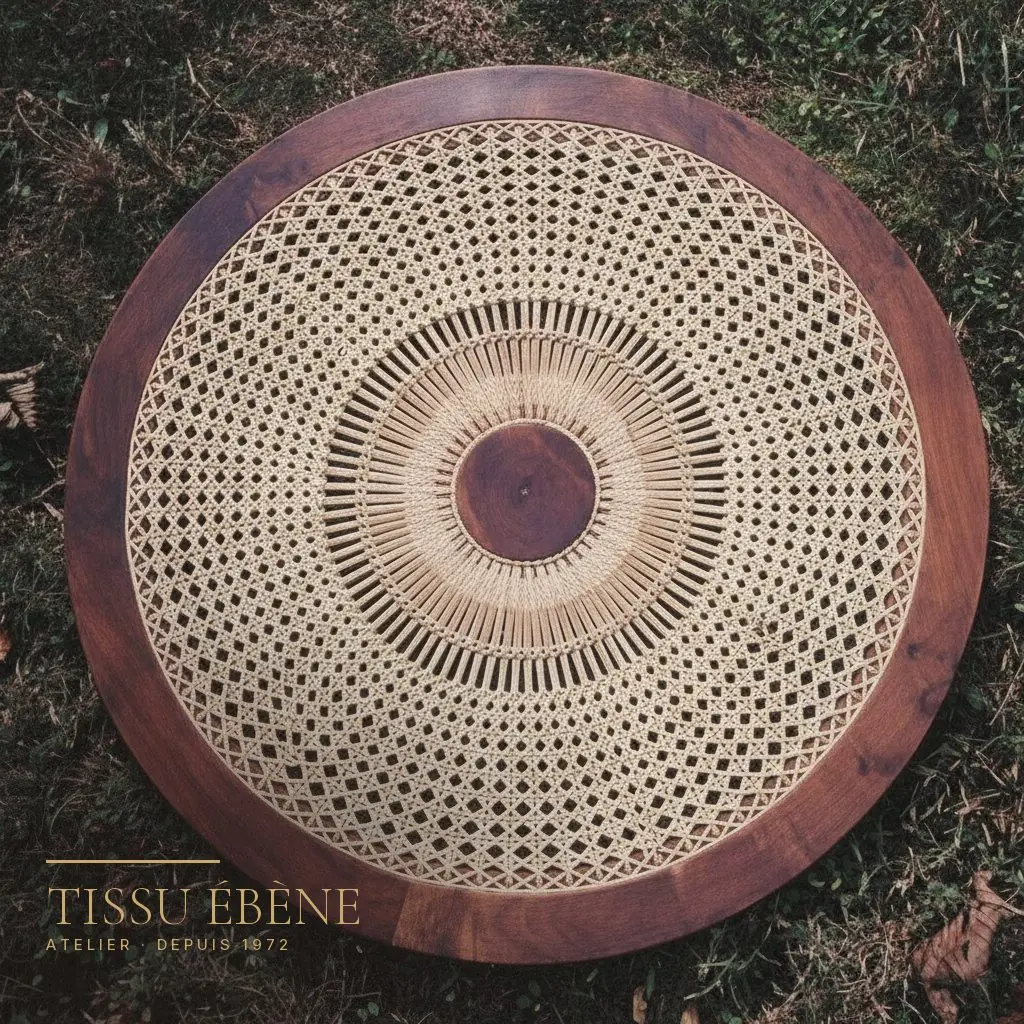 Plateau rond en cannage soleil tressé à la main par l'atelier Tissu Ébène