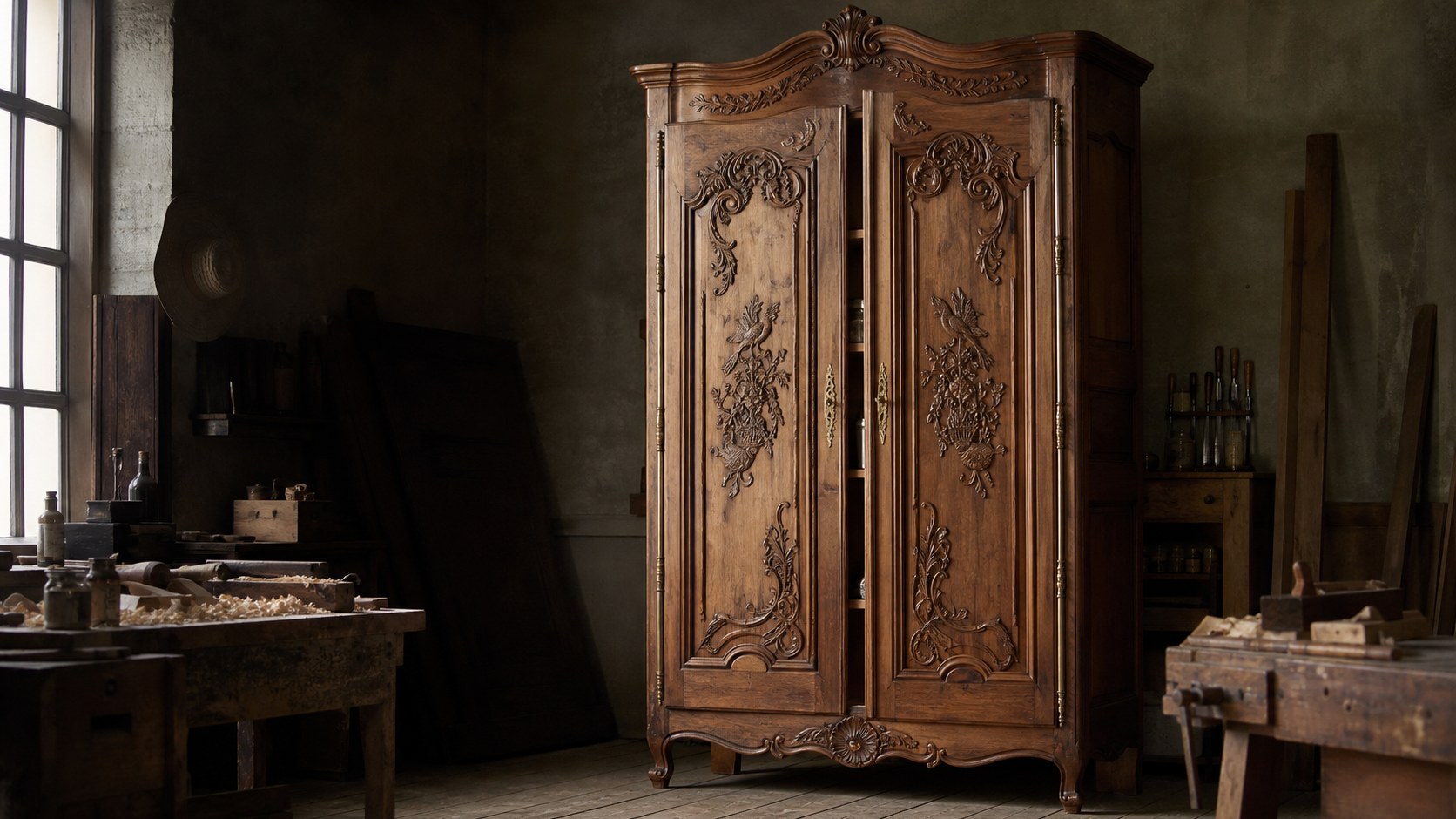 Armoire normande de mariage en merisier sculpt&eacute;, portes &agrave; fiches de laiton