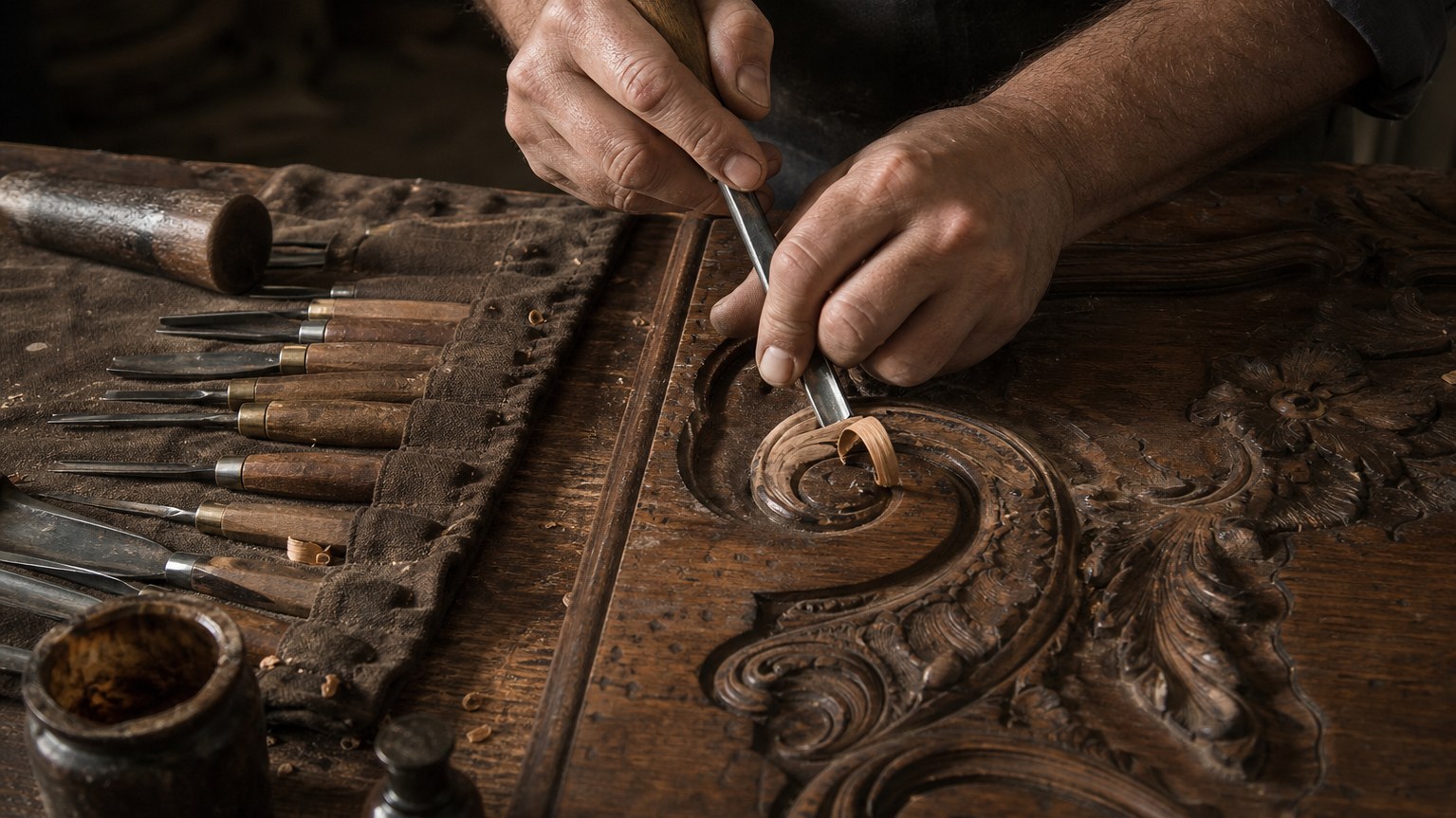 Reprise d’un motif sculpté d’armoire à la gouge, copeau de merisier frais