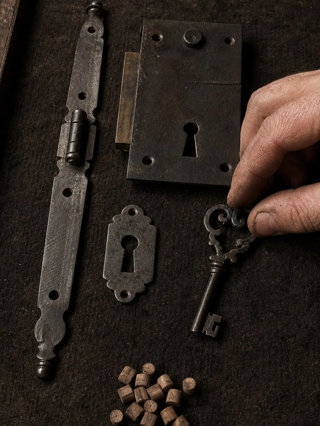 Fiches et serrure d’époque d’une armoire ancienne, déposées et regarnies