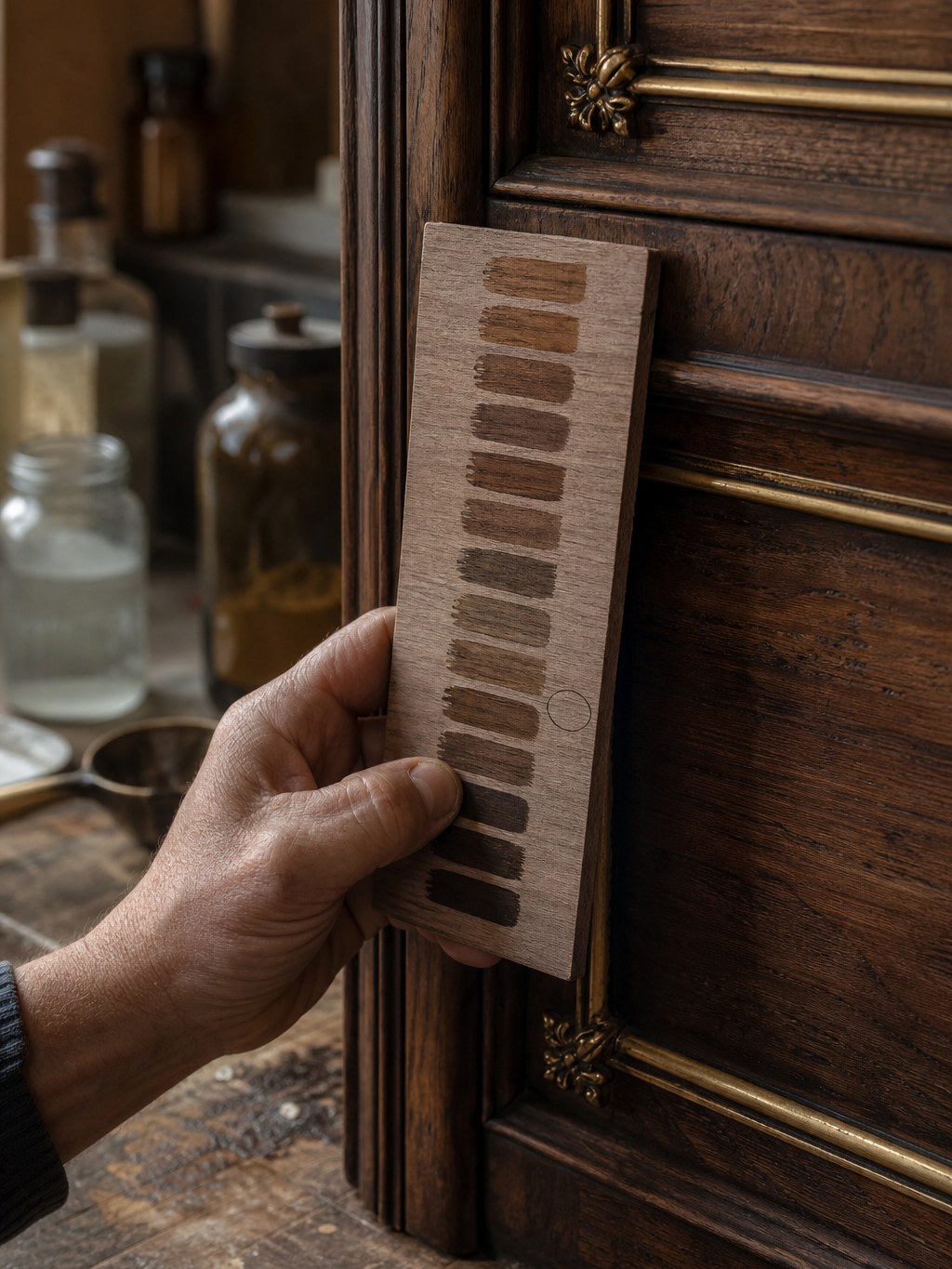 Essais de teinte sur chute de noyer, comparés à la porte d’un buffet ancien