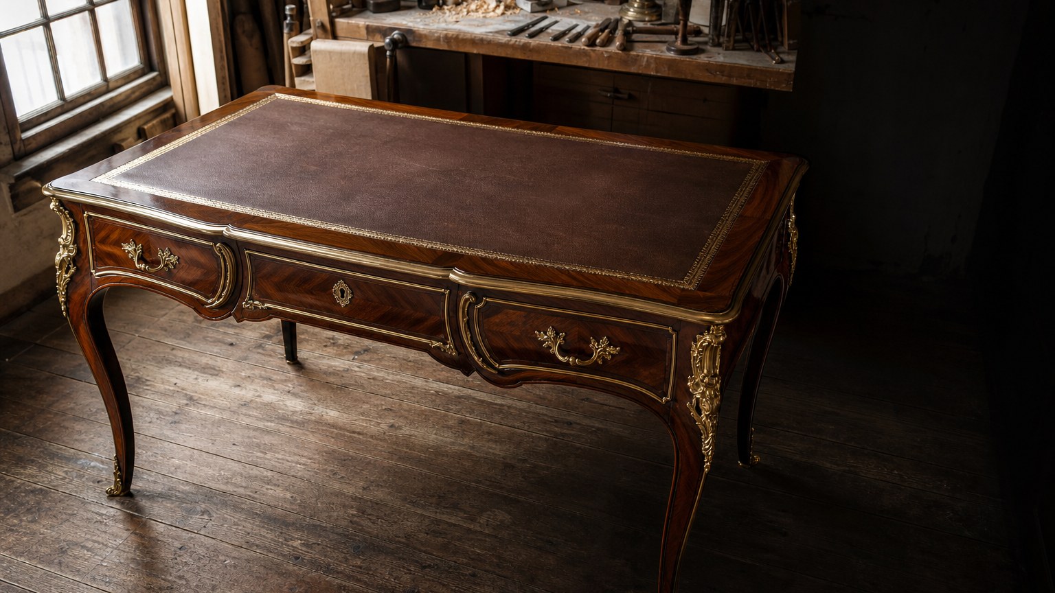 Bureau plat Louis XV au plateau regain&eacute; de cuir havane &agrave; filets or, bronzes dor&eacute;s