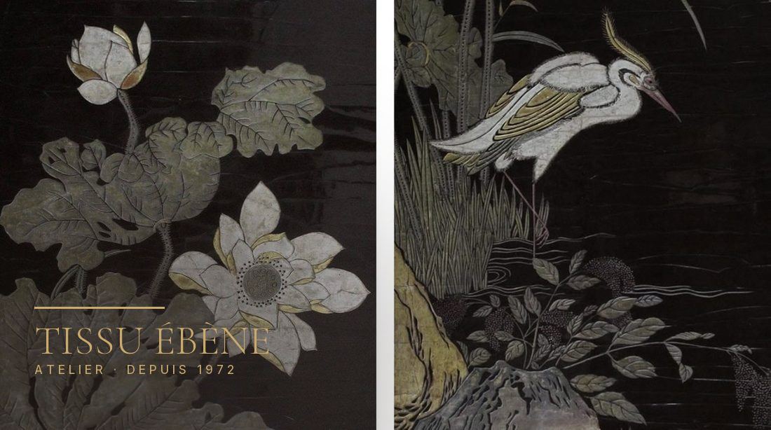 Décor de lotus et de héron gravé dans une laque sombre, rehauts d’or et d’argent
