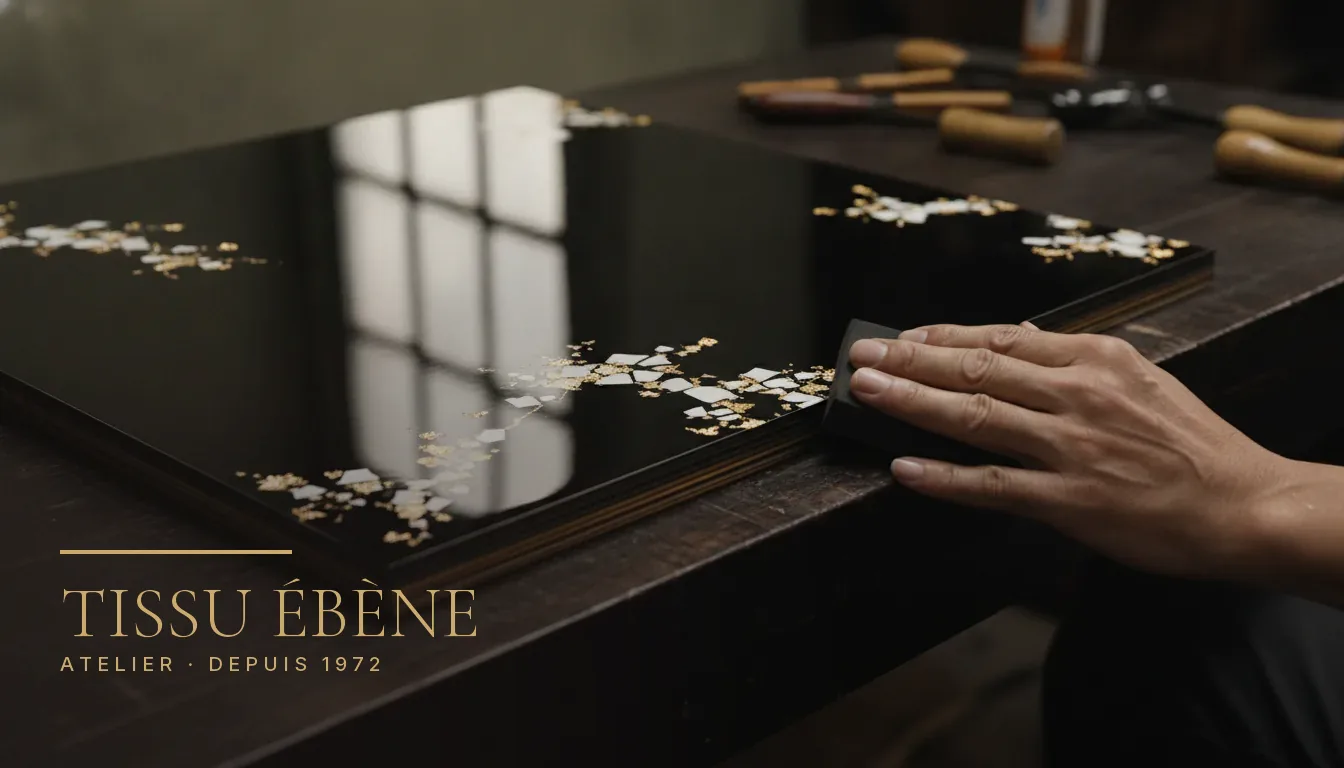 Panneau de laque vietnamienne son mài, incrustation de coquille d&rsquo;œuf et feuille d&rsquo;or