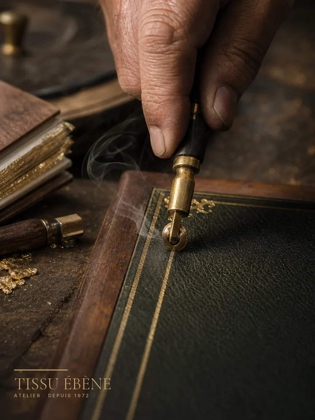 Pose d'un filet or à la roulette chaude sur le cuir gainé d'un abattant de secrétaire