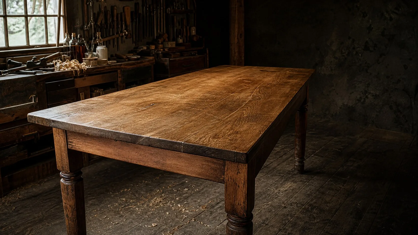 Table de ferme ancienne en chêne massif, plateau repris et fini à l'atelier