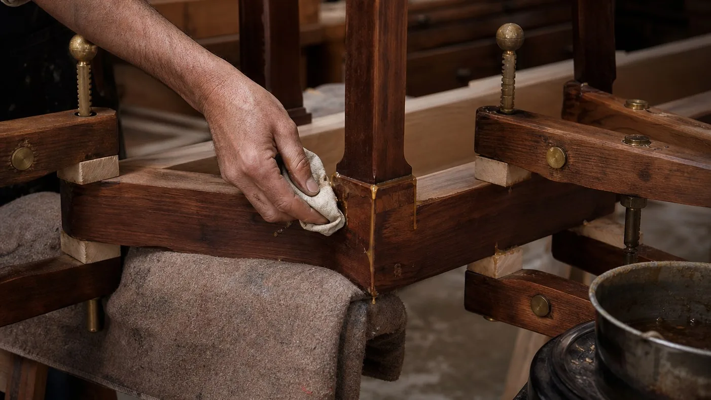 Artisan essuyant l'excédent de colle sur l'assemblage d'un pied de table maintenu par des presses