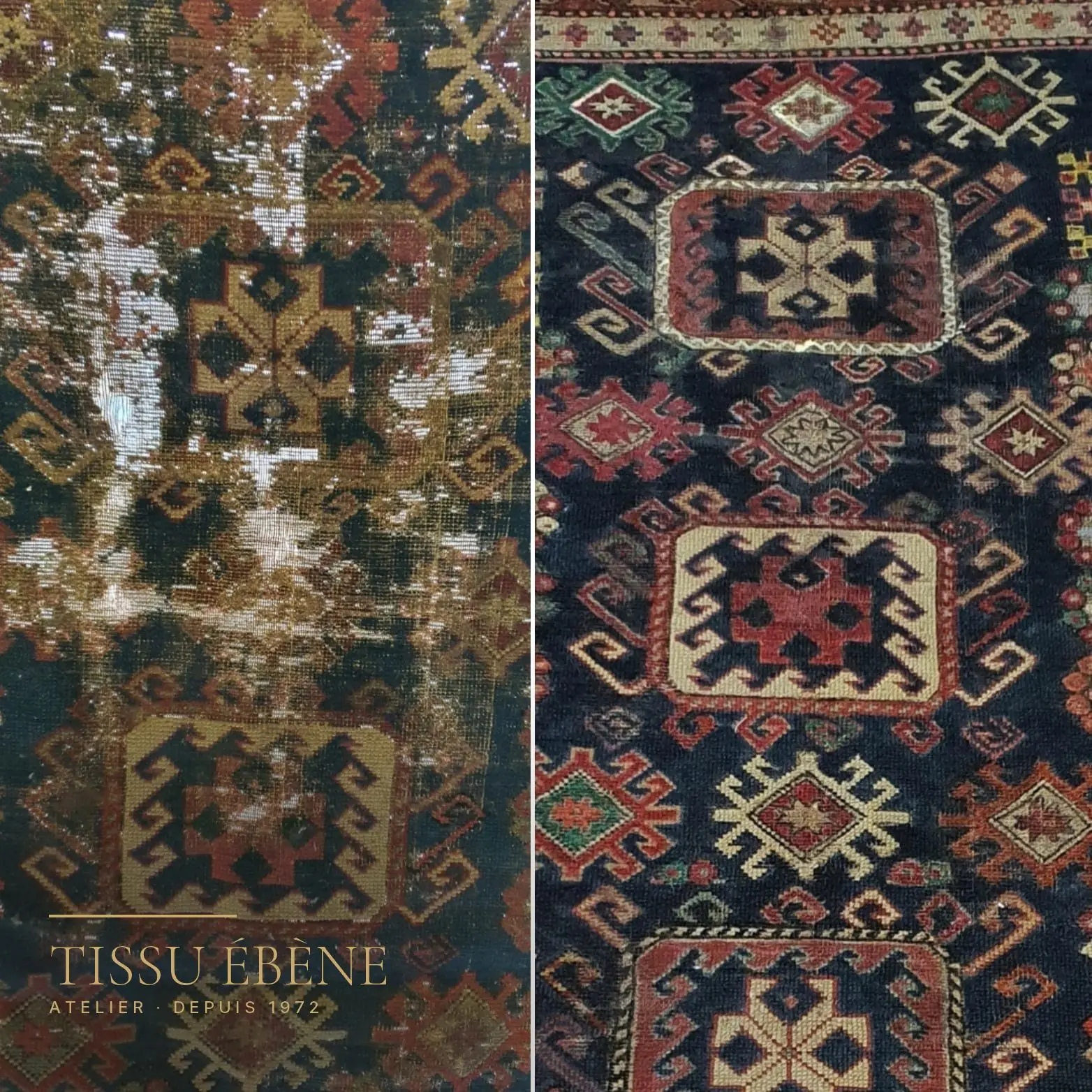 Restauration de kilim&nbsp;: le même tissage, zones usées d&rsquo;un côté, trame reprise et couleurs retrouvées de l&rsquo;autre