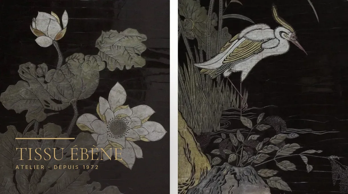 Incrustations de nacre sur laque noire, décor de lotus et héron